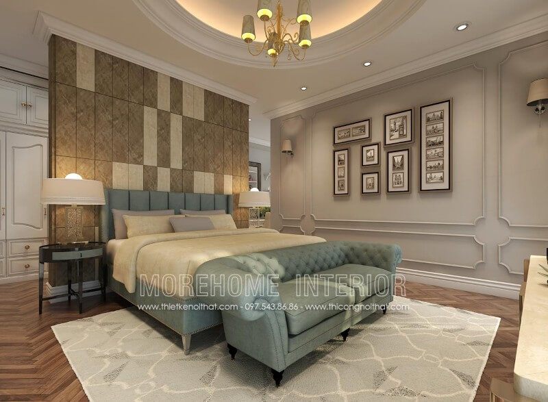 Mẫu giường ngủ bọc nỉ sang trọng, tone màu xanh tạo điểm nhấn nổi bật cho cả không gian phòng ngủ.